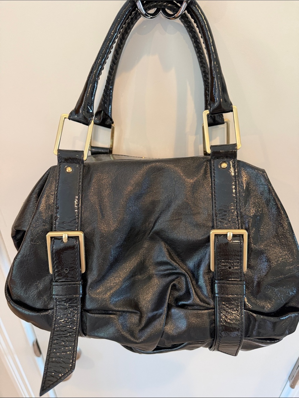 Botkier Black Patent Leather Shoulder Satchel with Gold Hardware - Picture 2 of 7